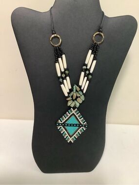 Turquoise & White Beaded Statement Necklace - Women